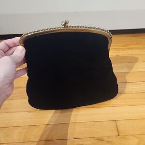 Vtg Garay Black Velvet Purse Clutch/ Ornate Metal Clasp Satin Lining